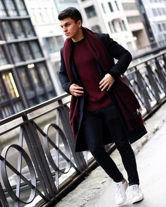 Men's Navy Overcoat, Burgundy Crew-neck Sweater, Navy Jeans, White and Green Leather Low Top Sneakers