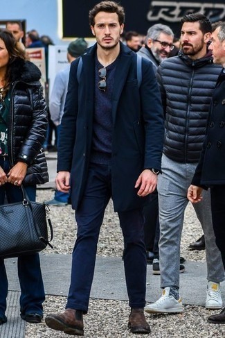 Navy Sweater Outfits For Men: To pull together a relaxed casual look with a modern twist, consider teaming a navy sweater with navy jeans. For something more on the classy end to complete your look, introduce dark brown suede chelsea boots to the equation.