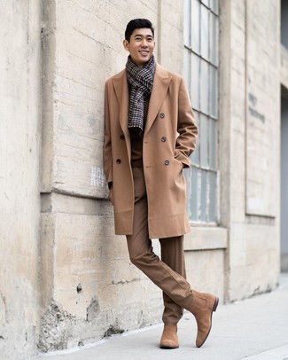 Tan Suede Chelsea Boots Outfits For Men: Team a camel overcoat with khaki jeans and you'll put together a proper and refined getup. Finishing with tan suede chelsea boots is the simplest way to introduce some extra zing to your look.
