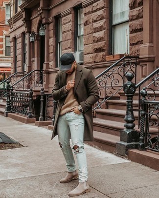 Dark Brown Overcoat Outfits: This is solid proof that a dark brown overcoat and light blue ripped jeans are awesome when worn together in a casual look. To give your overall getup a dressier touch, complement your outfit with beige suede chelsea boots.
