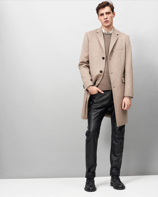 Black Leather Jeans Outfits For Men: Go for a pared down but dapper option by opting for a camel overcoat and black leather jeans. Here's how to play it up: black leather dress boots.