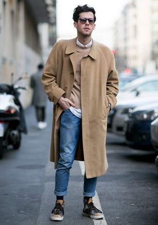 Grey Canvas High Top Sneakers Outfits For Men: For an effortlessly refined getup, reach for a camel overcoat and blue jeans — these pieces fit really well together. And if you wish to instantly tone down your ensemble with one piece, add grey canvas high top sneakers to the mix.