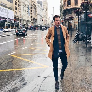 Dark Brown Leather Chelsea Boots Outfits For Men: This combination of a camel overcoat and navy chinos is a foolproof option when you need to look dapper in a flash. Go ahead and introduce dark brown leather chelsea boots to the mix for a dose of refinement.