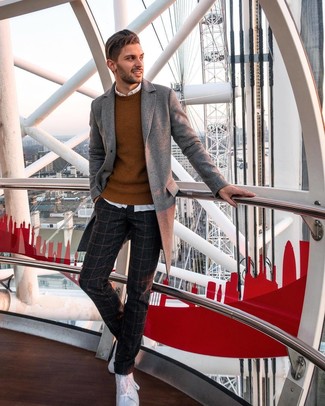 Charcoal Check Wool Dress Pants Outfits For Men: A grey overcoat looks especially polished when teamed with charcoal check wool dress pants in a modern man's getup. A trendy pair of white low top sneakers is a simple way to infuse a touch of stylish effortlessness into this ensemble.