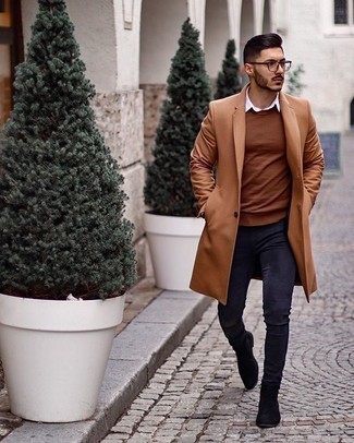 Camel Overcoat Outfits: Try pairing a camel overcoat with navy skinny jeans for neat menswear style. If you wish to easily up the ante of your outfit with a pair of shoes, why not introduce black suede chelsea boots to the equation?
