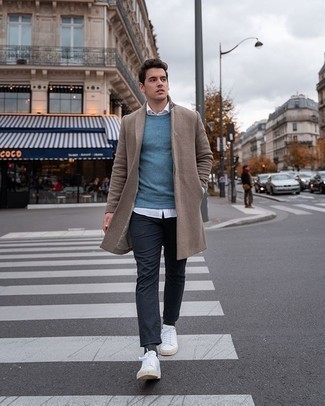 Camel Overcoat Outfits: Infuse style into your day-to-day wardrobe with a camel overcoat and charcoal chinos. Complement this look with a pair of white canvas low top sneakers to make the ensemble more functional.