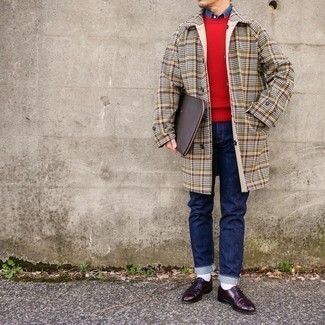 Men's Multi colored Houndstooth Overcoat, Red Crew-neck Sweater, Blue Chambray Long Sleeve Shirt, Navy Jeans