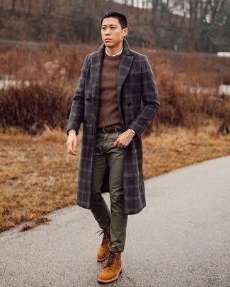 Olive Jeans Outfits For Men: Show that no-one does smart men's style quite like you do in a charcoal plaid overcoat and olive jeans. A pair of tobacco suede casual boots will tie this full look together.