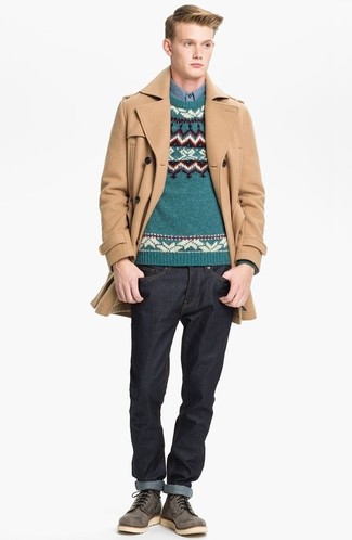 Dark Green Fair Isle Crew-neck Sweater Outfits For Men: For a look that's very simple but can be styled in many different ways, try teaming a dark green fair isle crew-neck sweater with black jeans. Put a classier spin on your ensemble by finishing with a pair of charcoal leather casual boots.