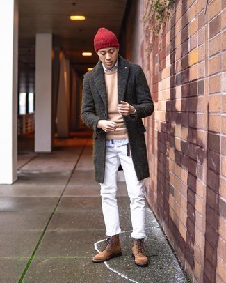 500+ Winter Outfits For Men: A charcoal overcoat and white jeans are the kind of a never-failing ensemble that you need when you have no time to assemble an ensemble. Complement your look with a pair of brown suede casual boots and ta-da: the ensemble is complete. Figuring out a standout ensemble can be a bit of a conundrum on its own. Add uncomfortably cold temps into the equation, and the whole thing becomes even more difficult. Don't despair, this here is your winter style inspo.