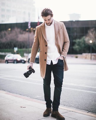 White Crew-neck Sweater Smart Casual Outfits For Men: If the setting permits a casual ensemble, consider teaming a white crew-neck sweater with navy jeans. Why not complete your outfit with dark brown suede chelsea boots for an added touch of style?