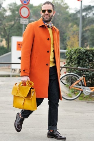 Yellow Sunglasses Outfits For Men: This combination of an orange overcoat and yellow sunglasses embodies comfort and style. To give your outfit a smarter touch, why not introduce dark brown leather derby shoes to the mix?