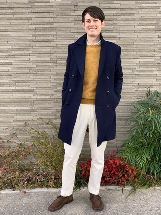 Dark Brown Suede Casual Boots Outfits For Men: Teaming a navy overcoat with white chinos is an on-point option for an effortlessly stylish outfit. Dark brown suede casual boots will be a welcome addition for this outfit.