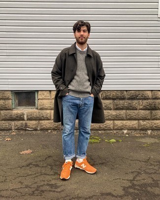 Orange Athletic Shoes Outfits For Men: A dark green overcoat and blue jeans are the kind of a no-brainer ensemble that you so awfully need when you have no extra time to plan an ensemble. Puzzled as to how to finish? Complete this look with orange athletic shoes for a more relaxed take.