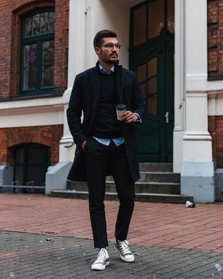 Grey Canvas High Top Sneakers Outfits For Men: When the setting calls for a casually polished menswear style, choose a navy herringbone overcoat and black chinos. Introduce grey canvas high top sneakers to the equation to effortlessly step up the fashion factor of your ensemble.