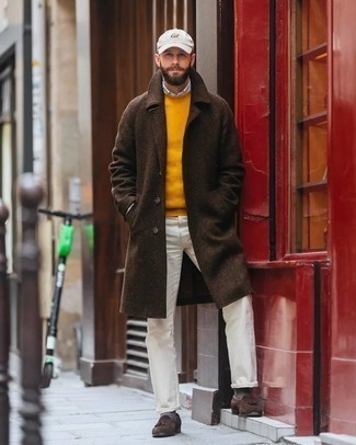 Mustard Crew-neck Sweater Outfits For Men: For an off-duty look, consider teaming a mustard crew-neck sweater with white chinos — these pieces work nicely together. Introduce a pair of dark brown suede tassel loafers to this getup for an instant dressy look.