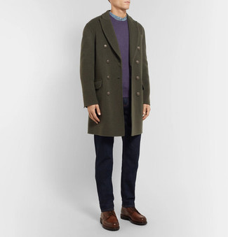 Dark Brown Leather Casual Boots Outfits For Men: Marrying an olive overcoat and navy jeans is a guaranteed way to infuse masculine refinement into your styling repertoire. The whole ensemble comes together wonderfully when you complete your ensemble with dark brown leather casual boots.