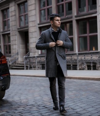 Black Crew-neck Sweater Outfits For Men: For functionality without the need to sacrifice on good style, we turn to this pairing of a black crew-neck sweater and charcoal jeans. And if you need to effortlessly dial up your outfit with a pair of shoes, add black leather casual boots to your getup.