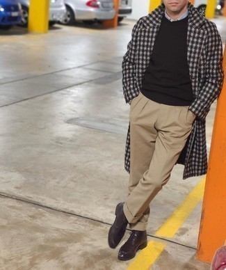 Khaki Chinos Outfits: For an ensemble that's effortlessly smart and camera-worthy, consider teaming a dark brown gingham overcoat with khaki chinos. To infuse an easy-going vibe into your look, introduce dark brown leather desert boots to the equation.