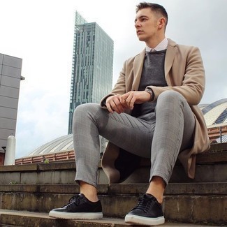 Camel Overcoat Outfits: Team a camel overcoat with grey plaid chinos to look seriously sharp anywhere anytime. You can get a little creative with footwear and complete your ensemble with black leather low top sneakers.