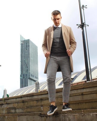 500+ Smart Casual Cold Weather Outfits For Men: This pairing of a camel overcoat and grey plaid chinos is a foolproof option when you need to look casually neat in a flash. Infuse a fun feel into your look with a pair of black leather low top sneakers.