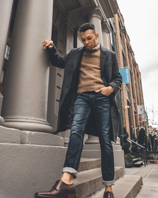 Dark Brown Leather Derby Shoes Smart Casual Outfits: Go for a pared down yet sophisticated outfit by teaming a charcoal overcoat and navy jeans. Infuse an extra touch of style into your ensemble with dark brown leather derby shoes.