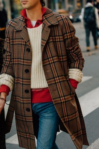 Brown Overcoat Outfits: This combo of a brown overcoat and blue jeans is a foolproof option when you need to look effortlessly sleek but have no time to dress up.