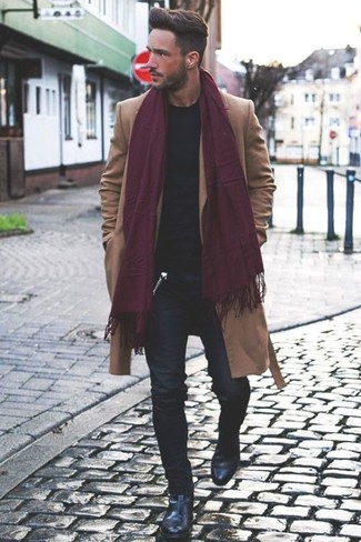 Burgundy Scarf Outfits For Men: If the situation allows a laid-back outfit, consider pairing a camel overcoat with a burgundy scarf. A pair of black leather chelsea boots easily kicks up the wow factor of any ensemble.