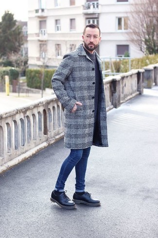 Men's Grey Plaid Overcoat, Grey Crew-neck Sweater, Blue Skinny Jeans, Black Chunky Leather Derby Shoes
