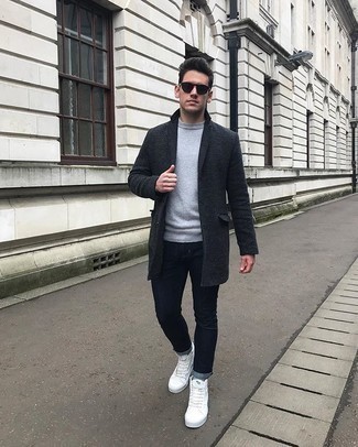 Men's Charcoal Overcoat, Grey Crew-neck Sweater, Navy Skinny Jeans, White Canvas High Top Sneakers