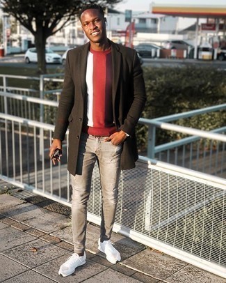 Men's Dark Brown Overcoat, Red Crew-neck Sweater, Grey Ripped Skinny Jeans, White Athletic Shoes