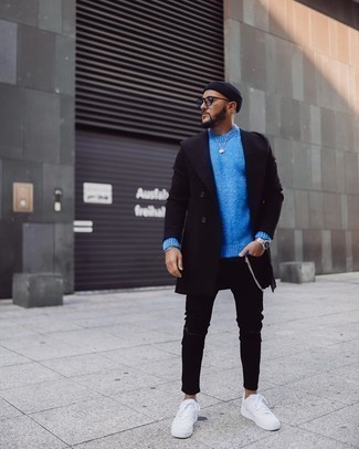 Men's Navy Overcoat, Aquamarine Crew-neck Sweater, Black Ripped Skinny Jeans, White Canvas Low Top Sneakers