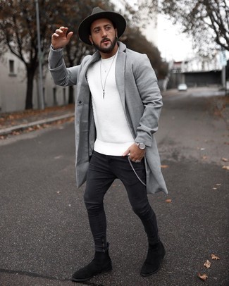 Men's Grey Overcoat, White Crew-neck Sweater, Charcoal Skinny Jeans, Black Suede Chelsea Boots