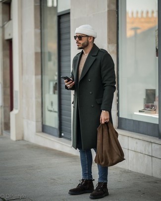 Dark Brown Suede Casual Boots Outfits For Men: For an on-trend outfit without the need to sacrifice on functionality, we turn to this combination of a dark green overcoat and navy skinny jeans. Dark brown suede casual boots pull the look together.