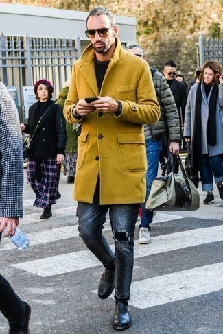 Men's Mustard Overcoat, Black Crew-neck Sweater, Charcoal Ripped Skinny Jeans, Black Leather Oxford Shoes
