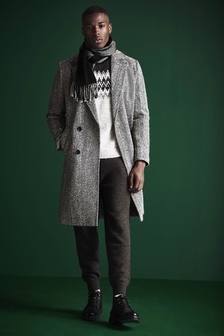 Men's Grey Herringbone Overcoat, Grey Fair Isle Crew-neck Sweater, Charcoal Wool Sweatpants, Black Leather Casual Boots
