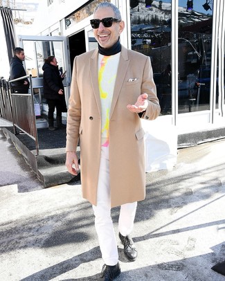 Jeff Goldblum wearing Camel Overcoat, White Tie-Dye Crew-neck Sweater, Black Turtleneck, White Jeans