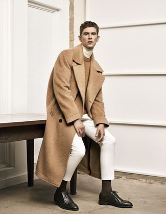 White Turtleneck Outfits For Men: Effortlessly blurring the line between sharp and casual, this combination of a white turtleneck and white chinos can easily become your favorite. If you wish to effortlessly up the ante of your getup with shoes, why not throw in black leather oxford shoes?