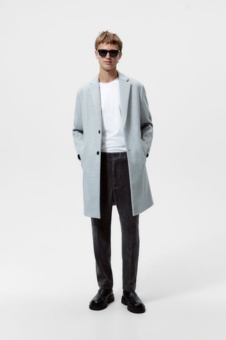 Charcoal Corduroy Chinos Outfits: A light blue overcoat and charcoal corduroy chinos make for the perfect base for a casually stylish menswear style. Give a different twist to your getup by wearing a pair of black leather chelsea boots.