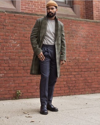Men's Olive Plaid Overcoat, Grey Crew-neck T-shirt, Charcoal Chinos, Black Leather Derby Shoes
