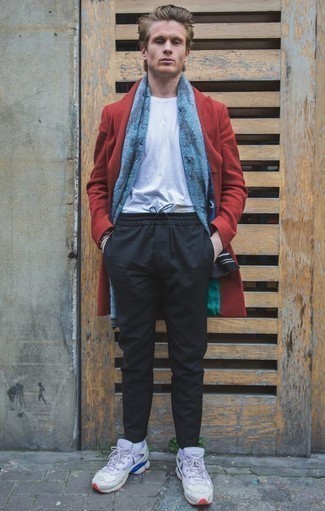 Burgundy Overcoat Outfits: For an effortlessly smart outfit, pair a burgundy overcoat with black chinos — these two pieces work beautifully together. A trendy pair of light blue athletic shoes is a simple way to punch up this look.