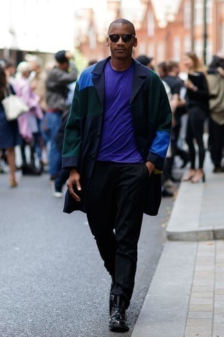Violet Crew-neck T-shirt Outfits For Men: A violet crew-neck t-shirt and black chinos worn together are a perfect match. And if you need to effortlessly elevate this outfit with one piece, complete your outfit with black leather casual boots.