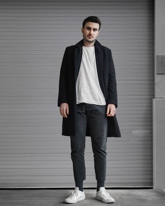 Men's Black Overcoat, White Crew-neck T-shirt, Charcoal Chinos, White Canvas Low Top Sneakers
