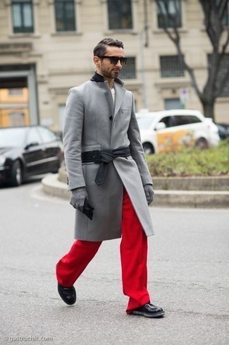 Men's Grey Overcoat, White Crew-neck T-shirt, Red Chinos, Black Leather Casual Boots