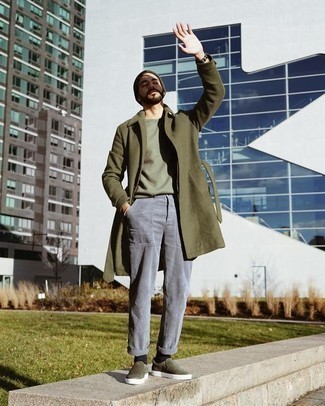Olive Overcoat Outfits: Breathe style into your day-to-day lineup with an olive overcoat and grey chinos. Introduce a hint of stylish casualness to by rounding off with a pair of olive suede slip-on sneakers.