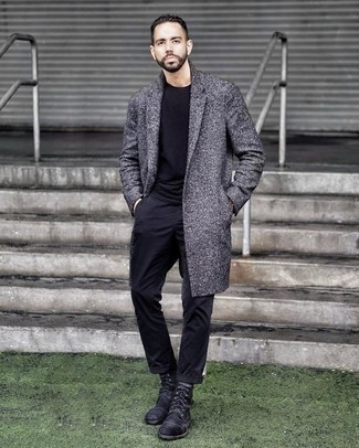 Black Suede Casual Boots Outfits For Men: As you can see, it doesn't require that much effort for a man to look effortlessly neat. Opt for a grey overcoat and black chinos and you'll look incredibly stylish. Look at how nice this look is complemented with a pair of black suede casual boots.