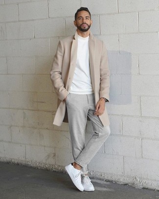 Men's Beige Overcoat, White Crew-neck T-shirt, Grey Chinos, White Canvas Low Top Sneakers