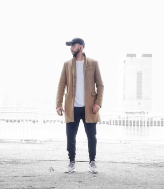Men's Camel Overcoat, White Crew-neck T-shirt, Navy Chinos, Grey Athletic Shoes