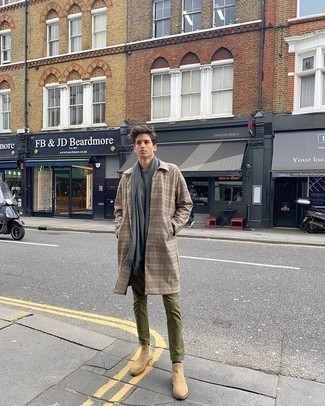 Beige Plaid Overcoat Outfits: Combining a beige plaid overcoat with olive chinos is a smart pick for an effortlessly neat outfit. Add a pair of beige suede chelsea boots to this ensemble to take things up a notch.