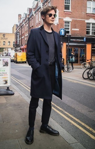 Navy Overcoat Outfits: Rev up your menswear game by wearing this combo of a navy overcoat and black chinos. Clueless about how to finish off this ensemble? Wear black leather brogues to lift it up.